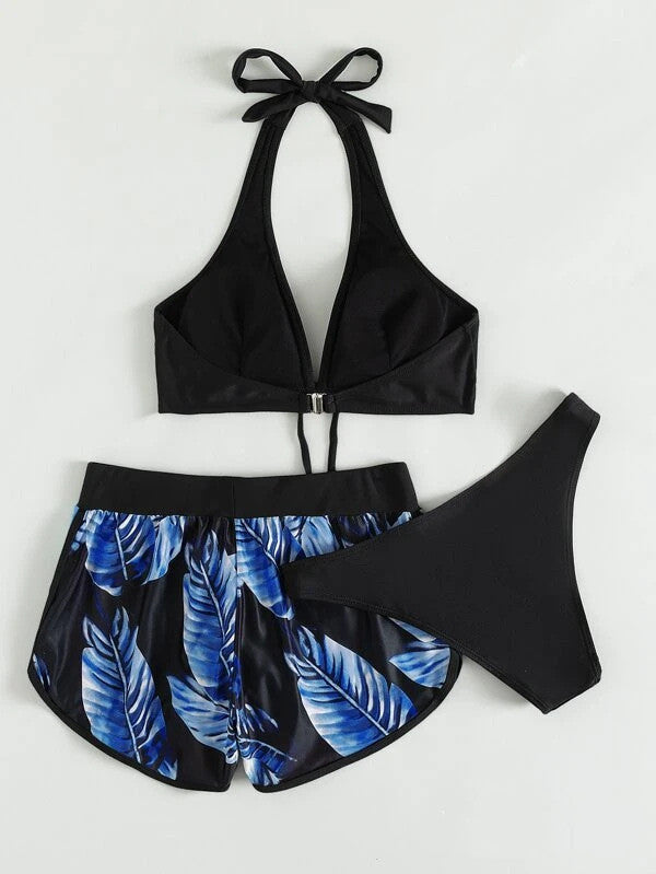 3pcs Leaf Print Bikini With Shorts Fashion Summer Beach Swimsuit Womens Clothing https://like2b-uy