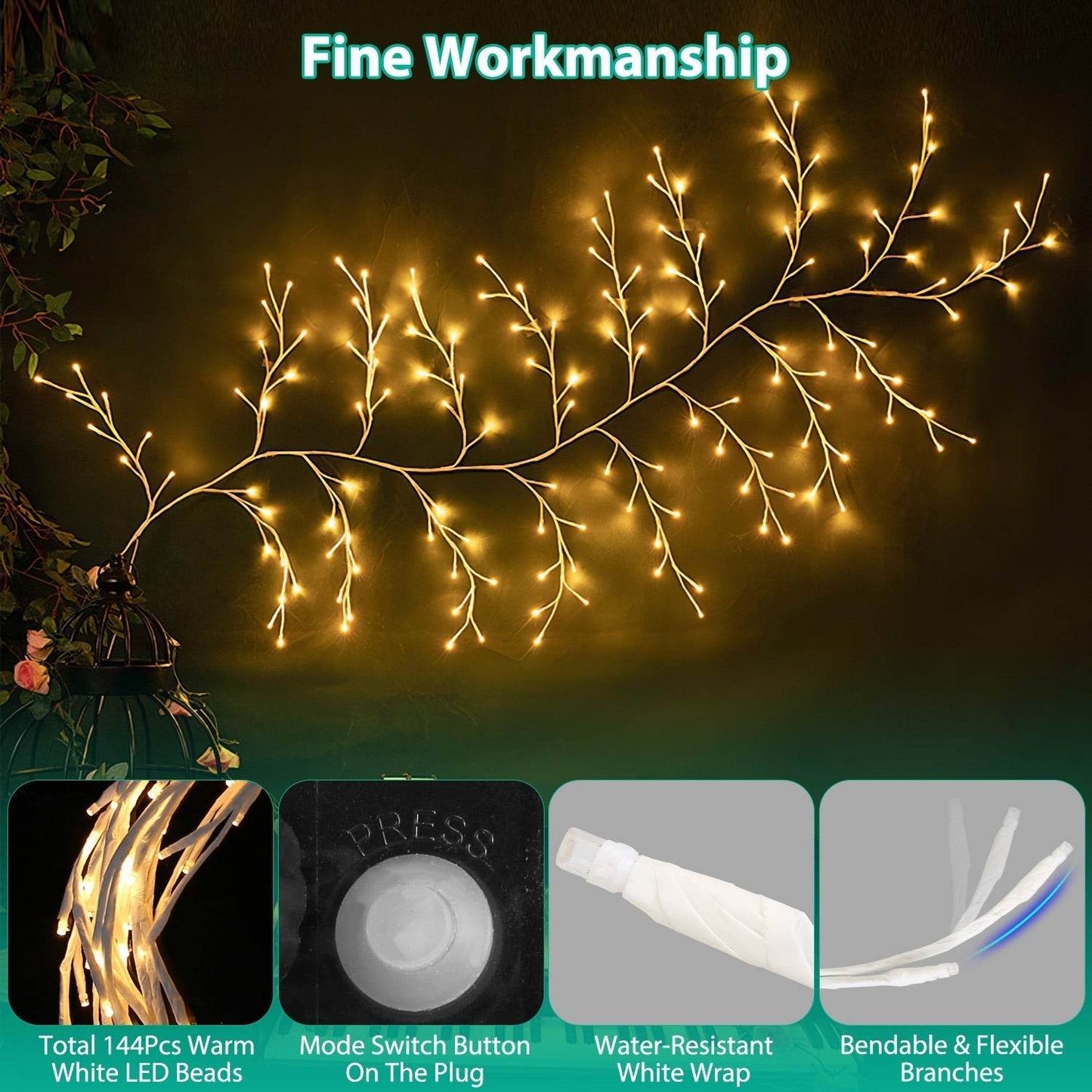 1Pc 7.87FT Lighted Birch Garland Lighted Twig Vine Lights 144LED Birch Garland With Lights String Light With Timer 8 Modes IP45 Waterproof For Christmas Fireplace Home Decoration - Velora