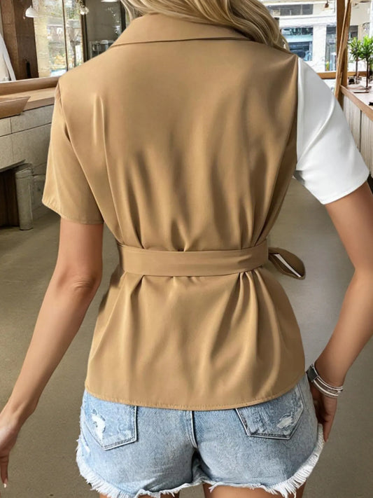 Two-Tone Short Sleeve Blouse with Tie Waist - Velora
