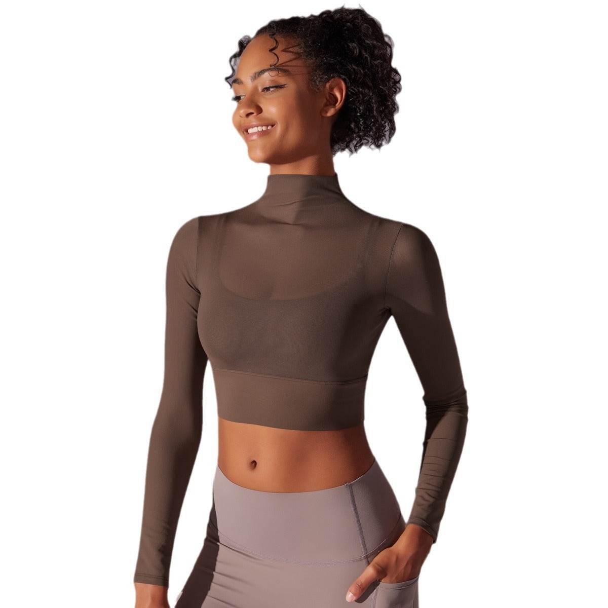 Quick Drying Gym Slim Fit Mesh Turtleneck Long Sleeve Workout Crop Top - Velora