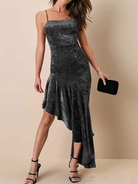 Asymmetrical Velvet Cami Dress with Ruffle Hem - Velora