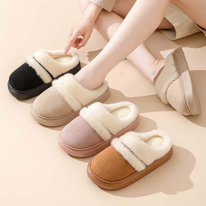 Fashion Warm Cotton Slippers For Women Leisure Thick Bottom Non-slip Plus-velvet House Shoes Winter Bedroom Floor Suede Slipper - Velora
