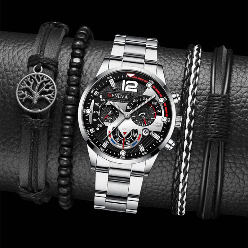 2pcs Men's New Popular Steel Strip Fashion Business Three Eye Quartz Watch Bracelet Set Valentine's Day Gifts - Velora