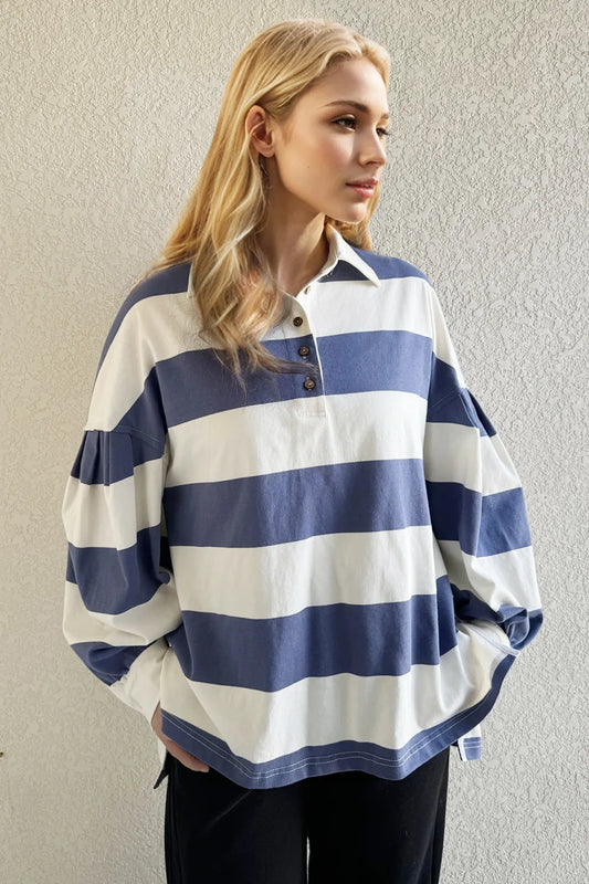 Oh Pima Cotton Wash Wide Striped Collared Neck Long Sleeve Top - Velora