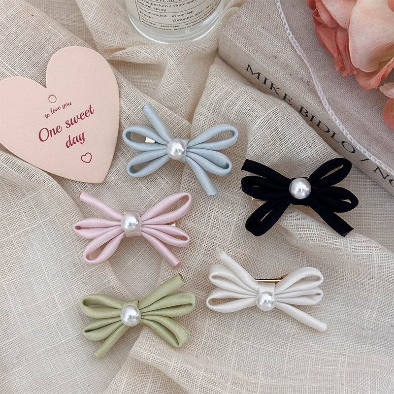 Side Clip Bangs Pearl Bow A Pair Of Hairclips Duckbill Clip - Velora