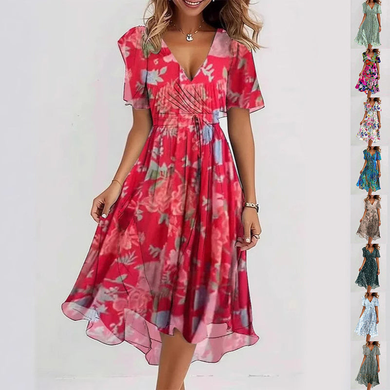 Flowers Printed V-neck Dress Summer A-line Short-sleeved Dresses For Women Velora
