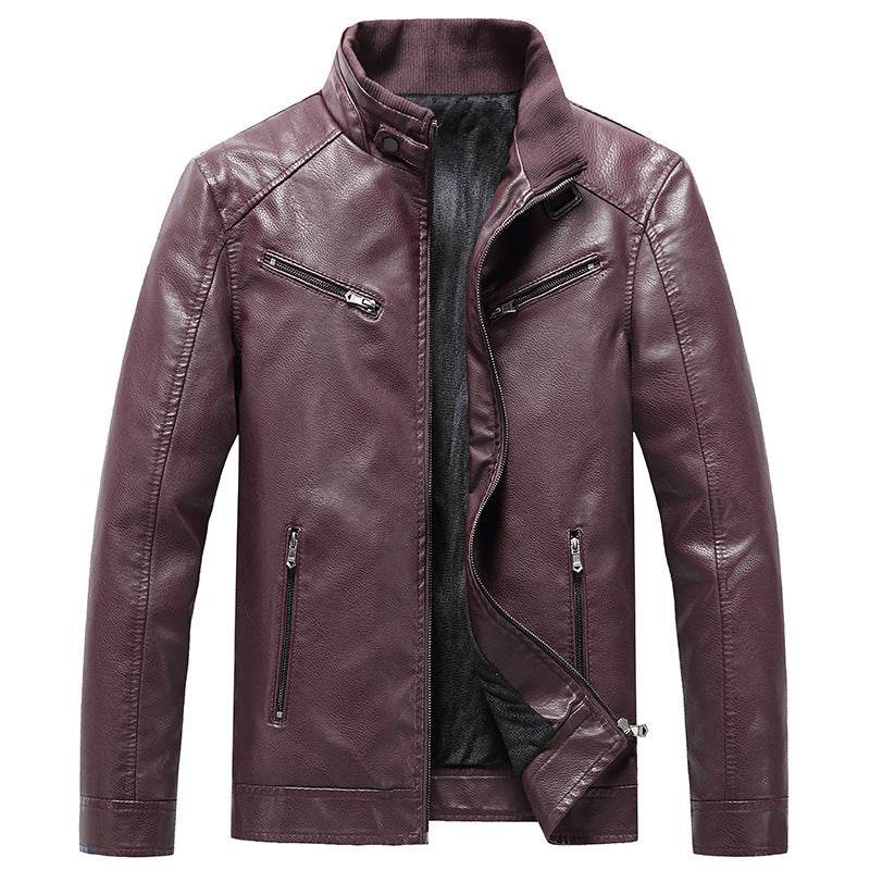Men's Fleece Padded Coat Casual Korean-style Stand Collar PU Leather Jacket Trendy Youth - Velora
