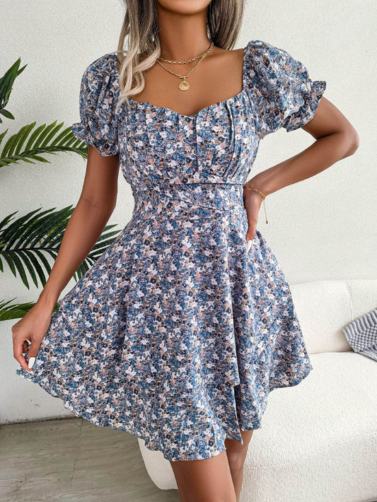 Women Mini Dress Temperament Big Swing Loose Hem Flower Print Shirring Dress Up Short Sleeves High Waist Summer Dress Clothes - Velora