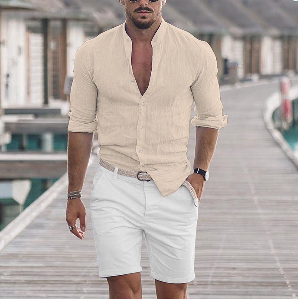 Men's Long Sleeve Shirt With Button Casual Solid Color Tops For Spring Autumn - Velora