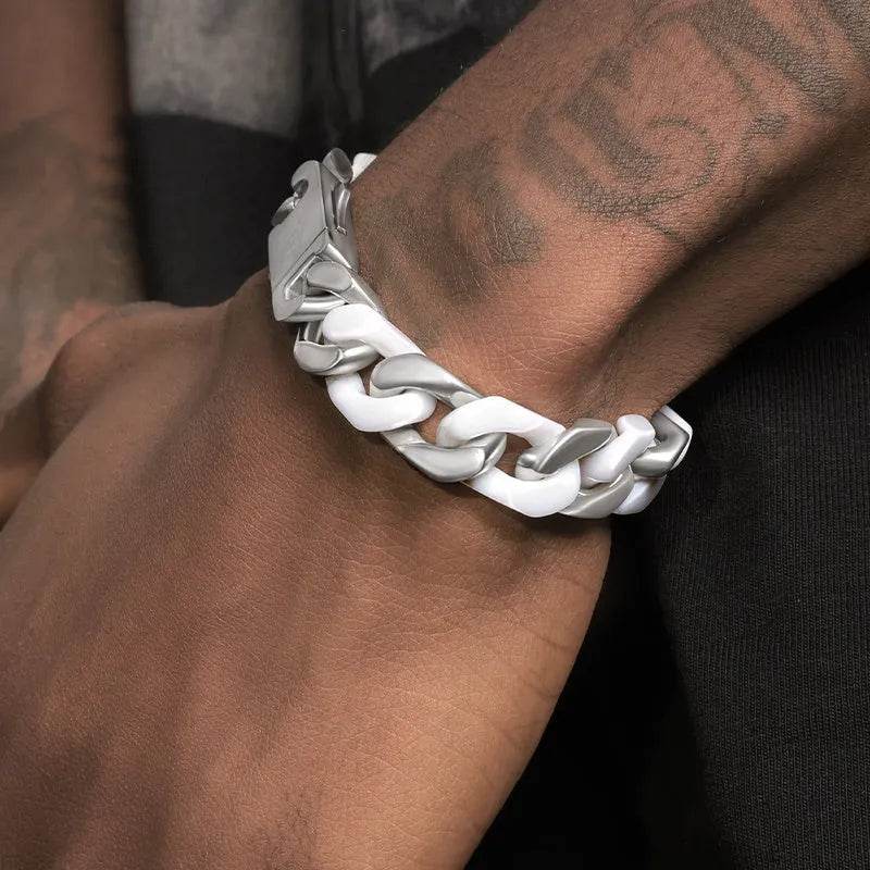 Spliced White Ceramic Cuban Link Chain Bracelet - Velora