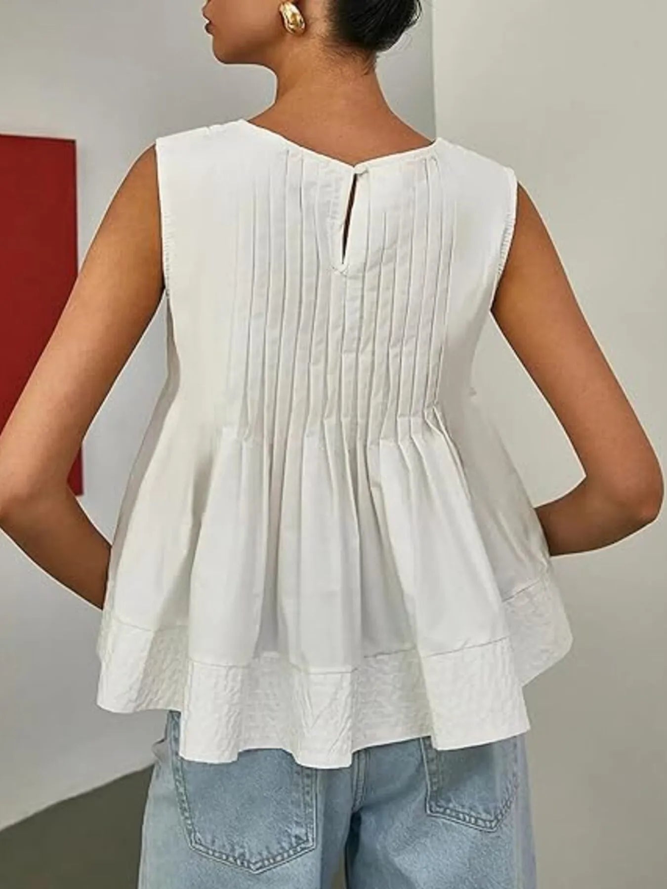 Pleated Peplum Round Neck Sleeveless Top - Velora