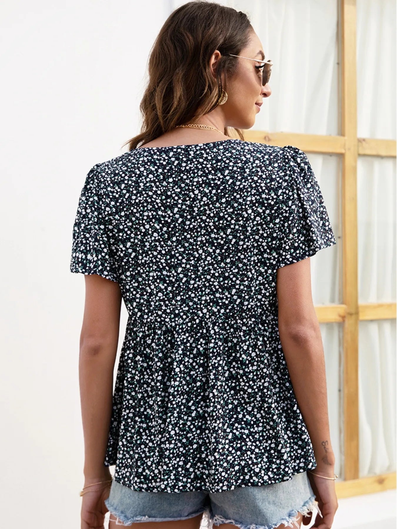 Floral Print V-neck Flutter Sleeve Babydoll Blouse - Velora