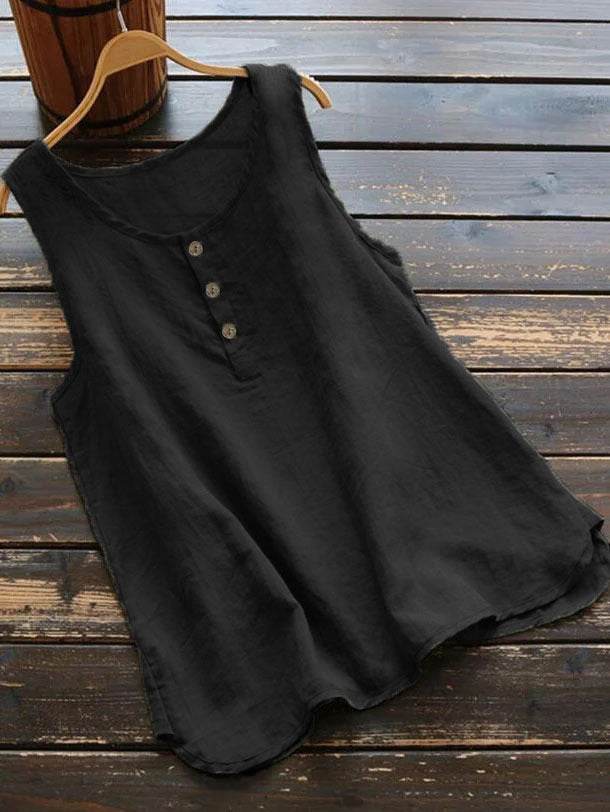 Solid Color Round Neck Loose Casual Vest Cotton Linen summer blouse top for Women - Velora
