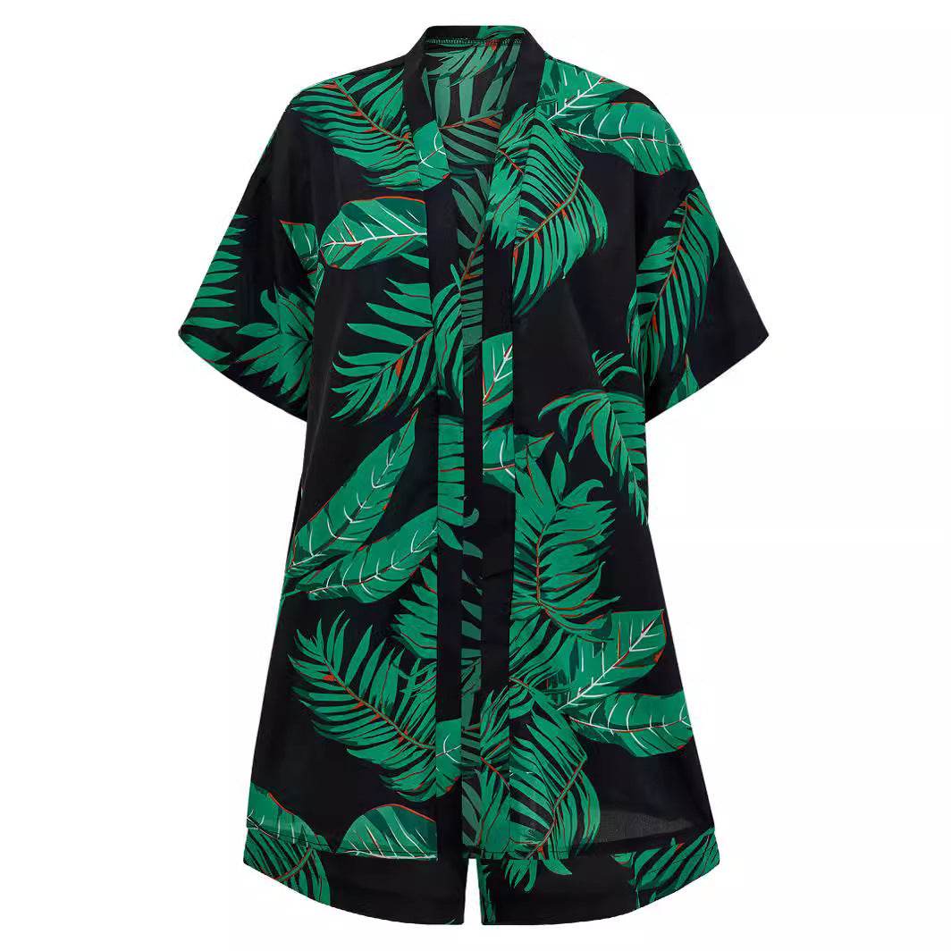 2pcs Casual Holiday Leaves Print Suit Summer Short Sleeve Shirt Top And Drawstring Shorts Sets For Womens Clothing - Velora