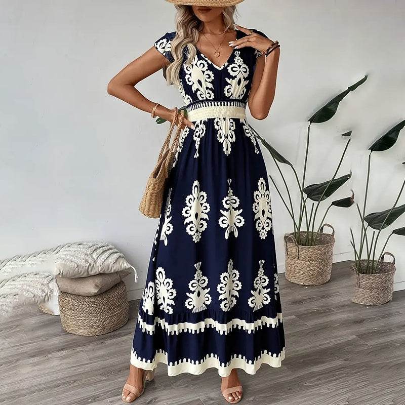 Women's Summer Flowy Maxi Dress Casual Cap Sleeve V Neck Smocked Waist Beach Sundress - Velora