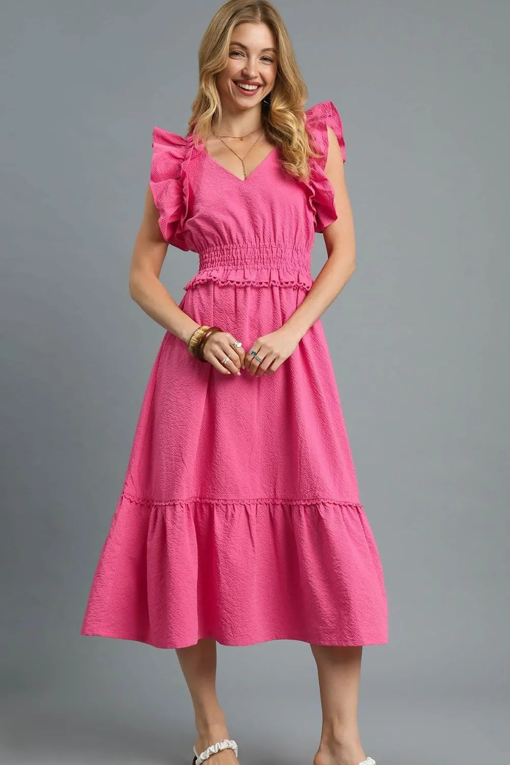 Umgee V-Neck Ruffled Cap Sleeve Midi Dress - Velora