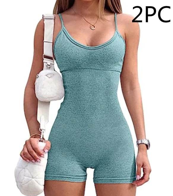 Spaghetti Strap Shorts Jumpsuit Sports Yoga Workout Tight Romper Women Fashion Fitness Sportwear - Velora