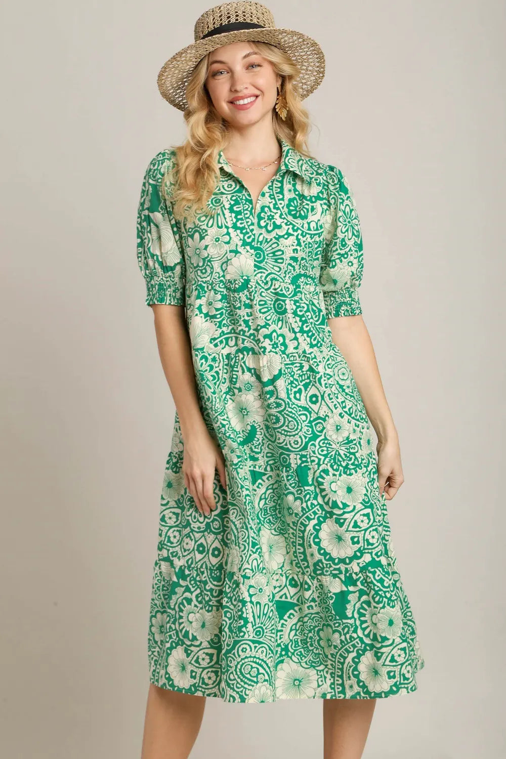 Umgee Full Size Printed Smocked Cuff Puff Sleeve Midi Dress Plus Size - Velora