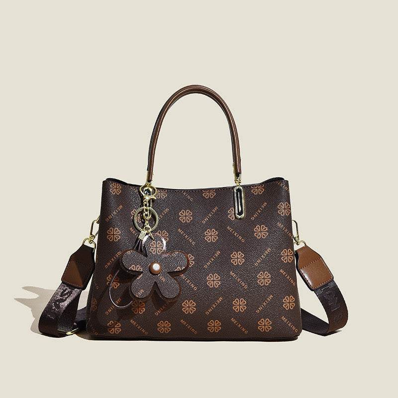 Printed Tote Bag With Flower Pendant New Temperament Shoulder Bag For Women Fashion Large-capacity Crossbody Bag - Velora