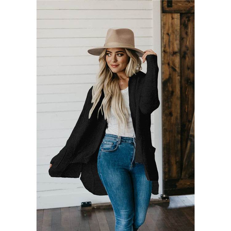 Long Sleeve Multi-color Plus Size Double Bag Cardigan Sweater - Velora