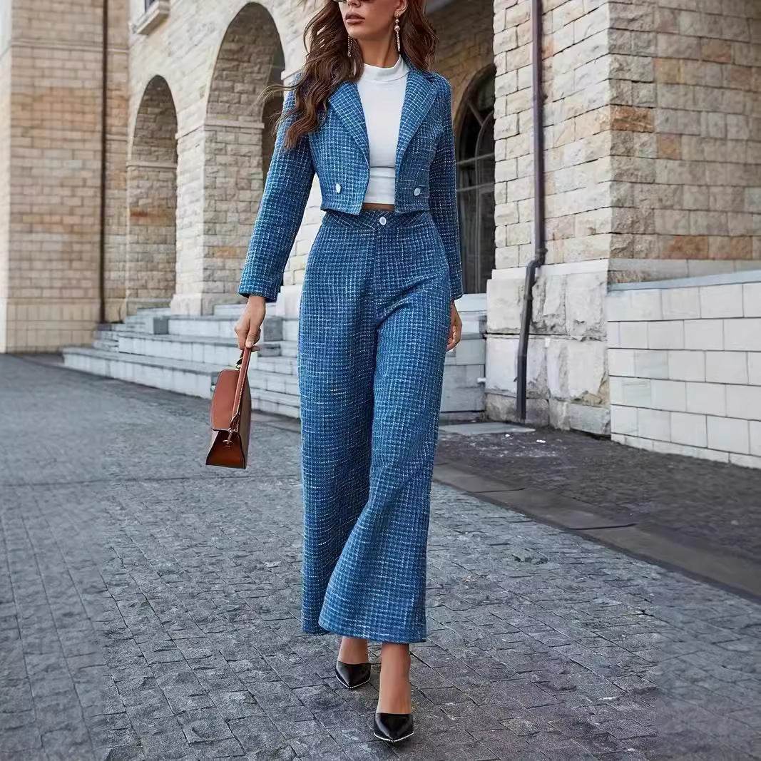 Women's Lapel Double Button Blazer And Wide Leg Pants - Velora