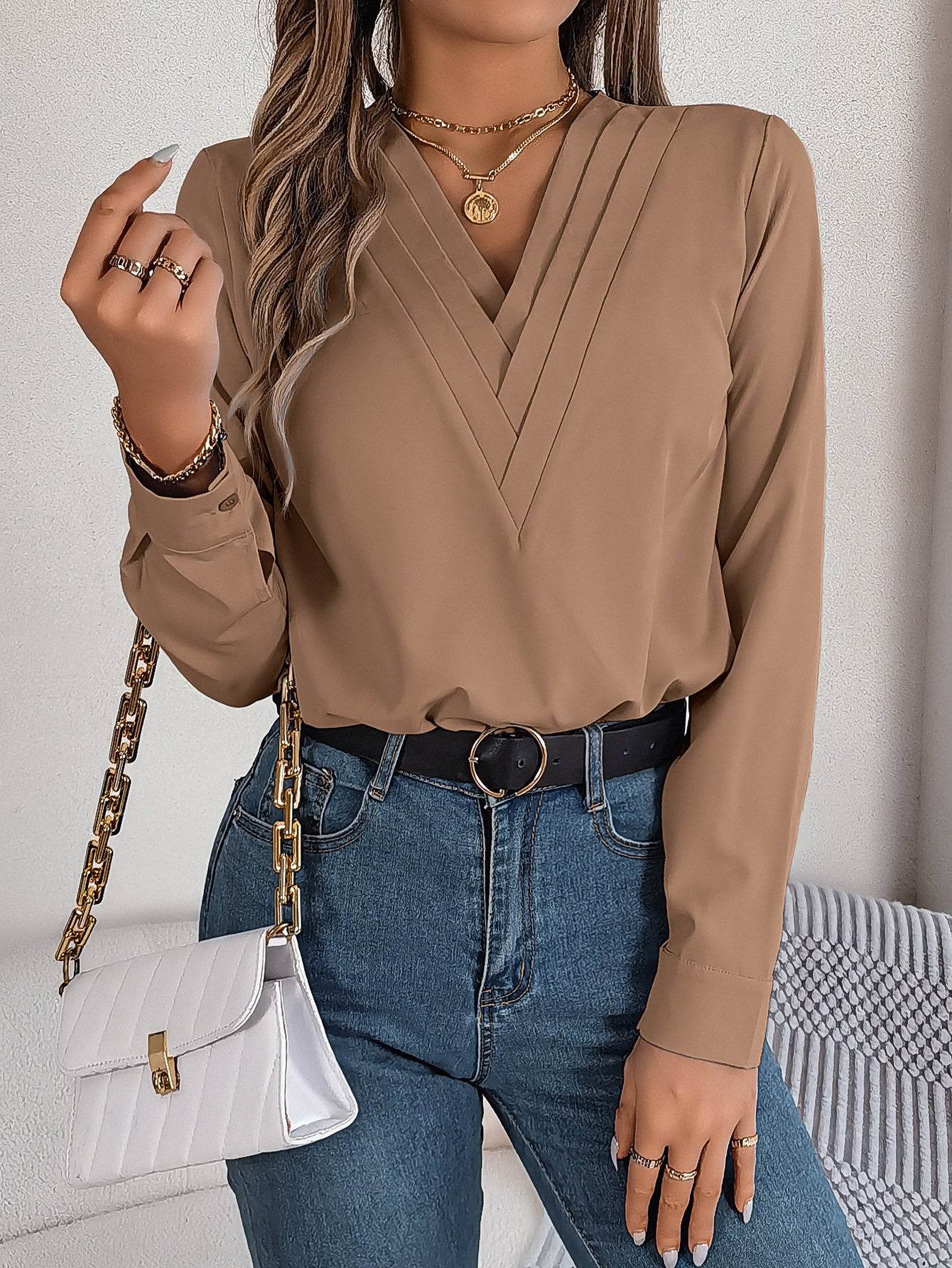 Fashion V-Neck Long Sleeve Shirt Elegant Commuter Solid Blouse Office Women's Clothing - Velora