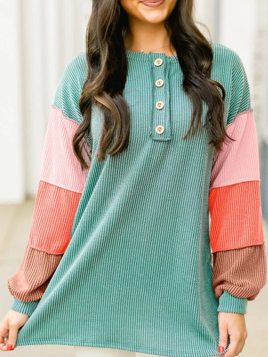 Color Block Ribbed Knit Henley Sweatshirt - Velora