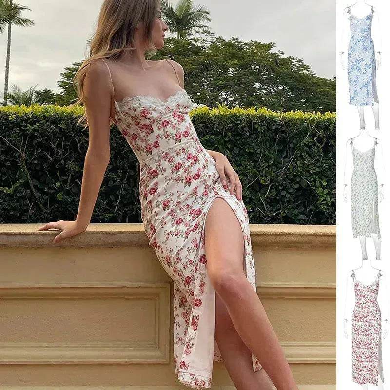 Women's Floral Spaghetti Strap Cami Dress Lace Trim Side Slit Bodycon Midi summer Dress - Velora