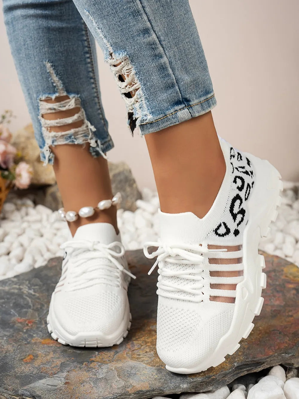 Cutout Leopard Lace Up Mesh Athletic - Velora