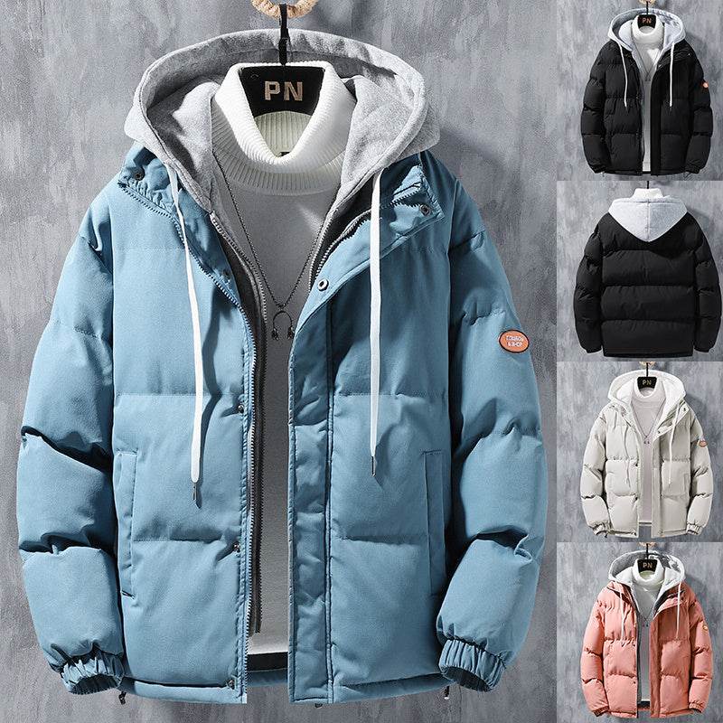 Fashion Hooded Jacket Men Winter Windproof Thickened Fake Two-piece Coat Solid Leisure Sports Cotton Jacket - Velora