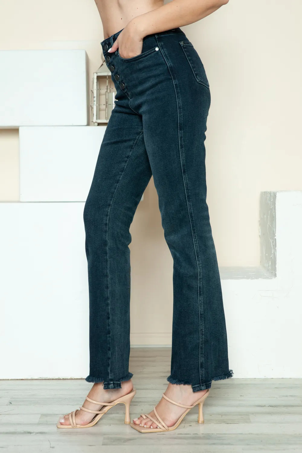 Judy Blue Full Size Button Fly Hem Destroy Straight Jeans - Velora