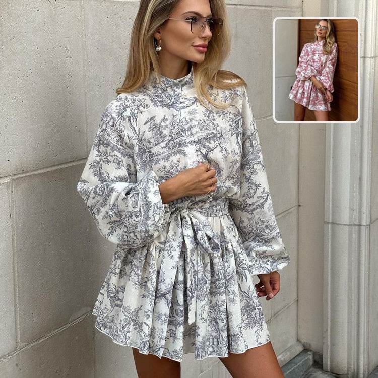 Ink Print Long Sleeve Short Dress With Fashion Puffy Sleeve Lapel Tie A-Line Dress Clothing - Velora
