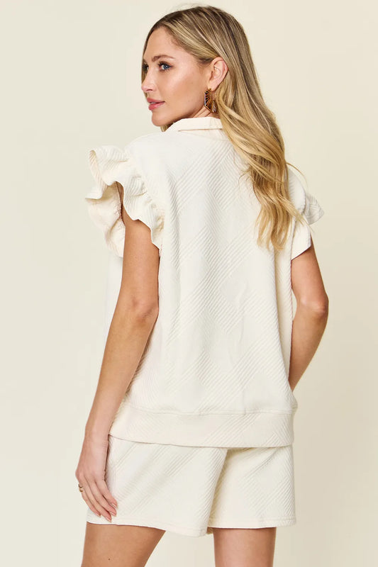 Double Take Full Size Texture Flounce Sleeve Top and Drawstring Shorts Set - Velora