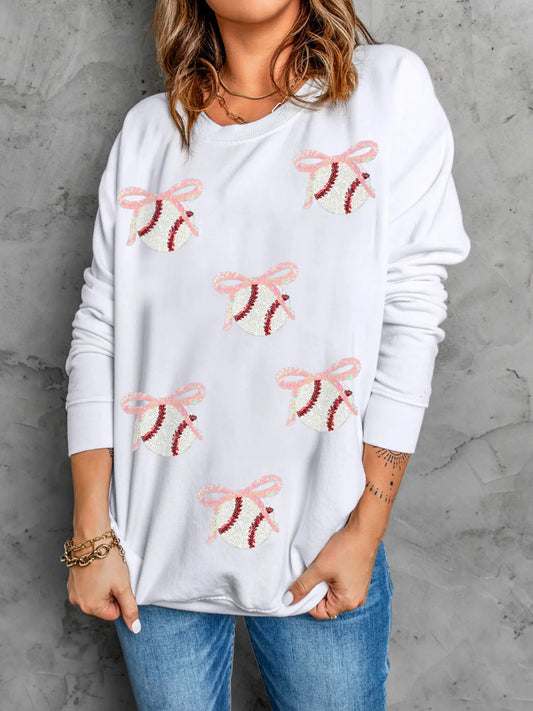 Sequin Bow Baseball Patched Casual Sweatshirt - Velora