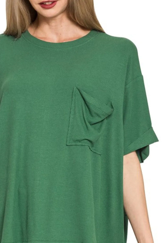 Zenana Oversized Ribbed Round Neck Short Sleeve Tee - Velora