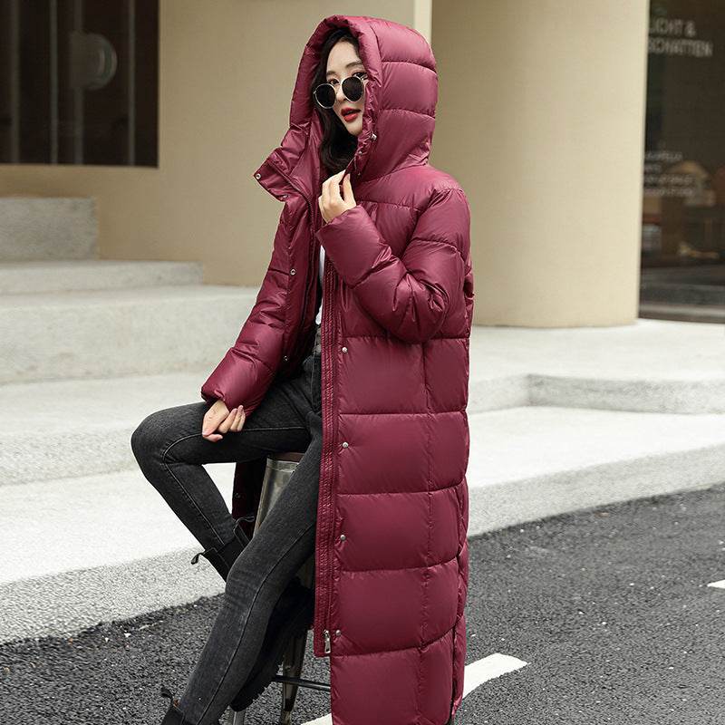 Women's Super Long Down Jacket Winter Puffer Thick Coat Black Red Hooded Zipper Keep Warm Fall Winter Casual Clothes - Velora