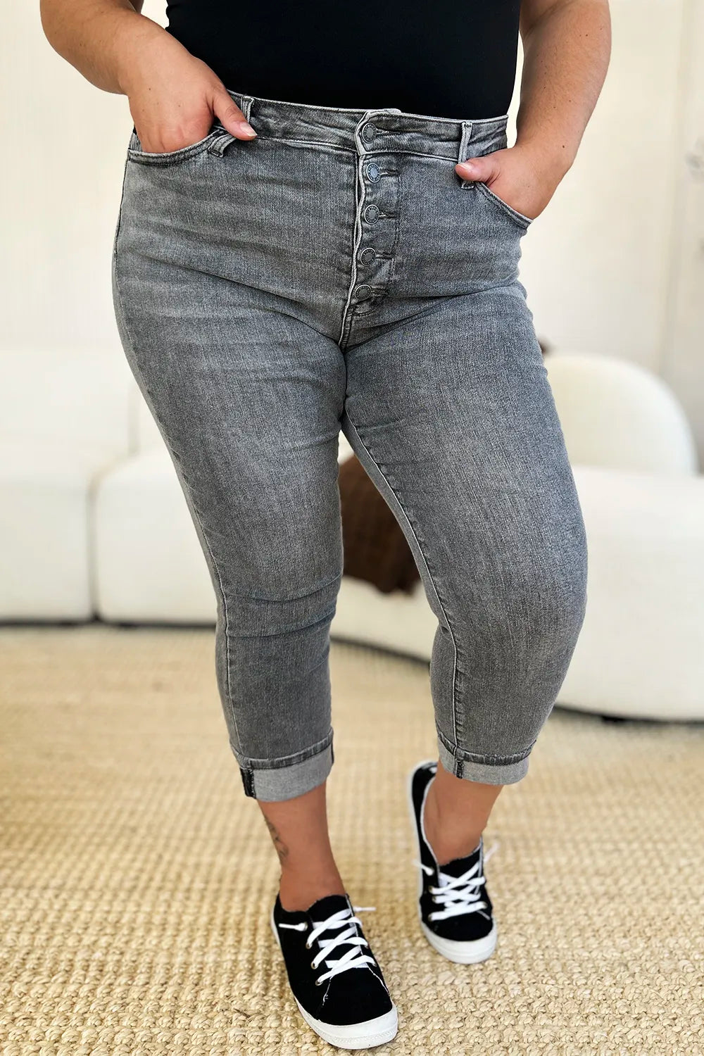Judy Blue Full Size Button Fly High Waist Cuffed Capris - Velora
