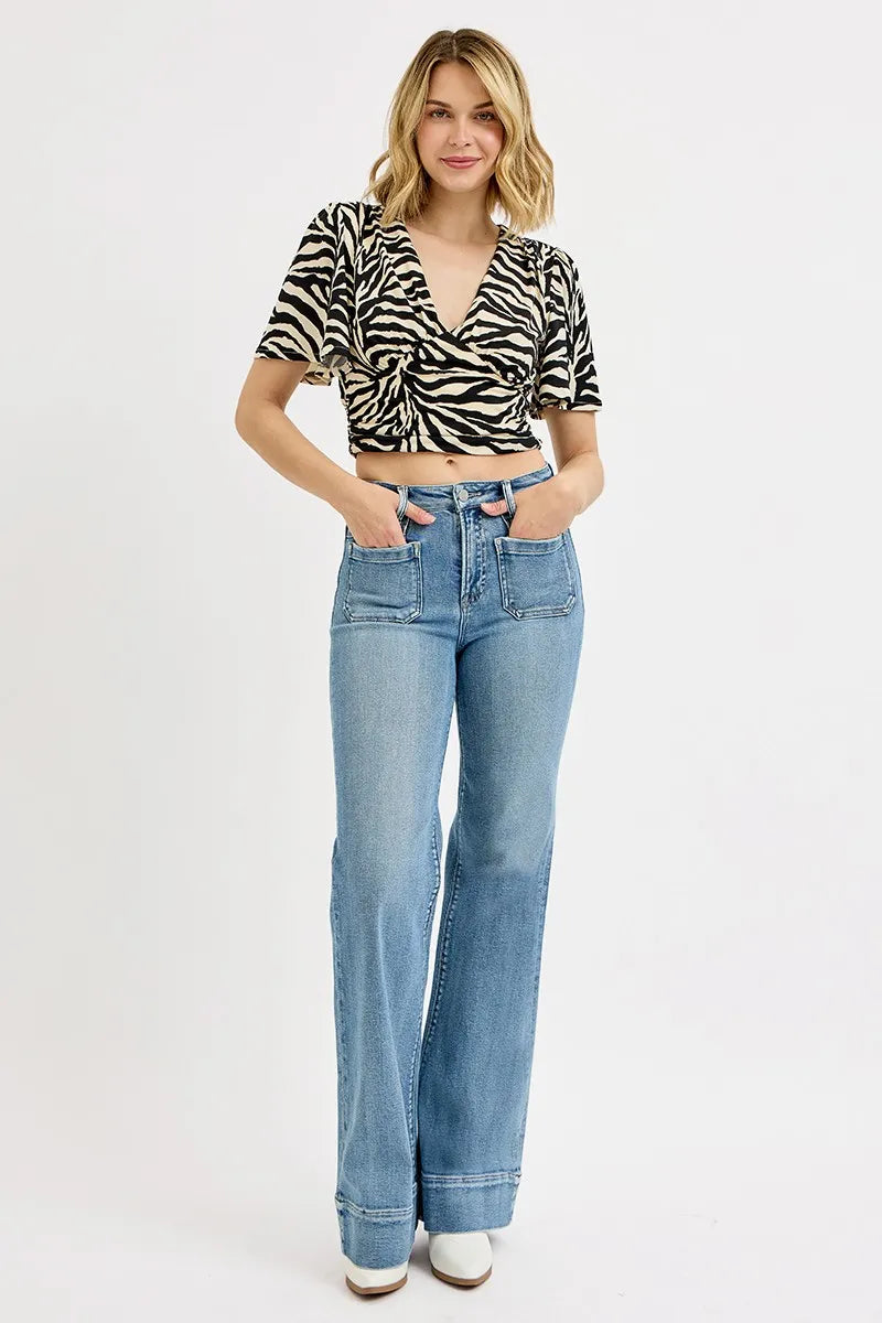 RISEN Full Size High Rise Wide Flare Patch Pocket Jeans Plus Size - Velora