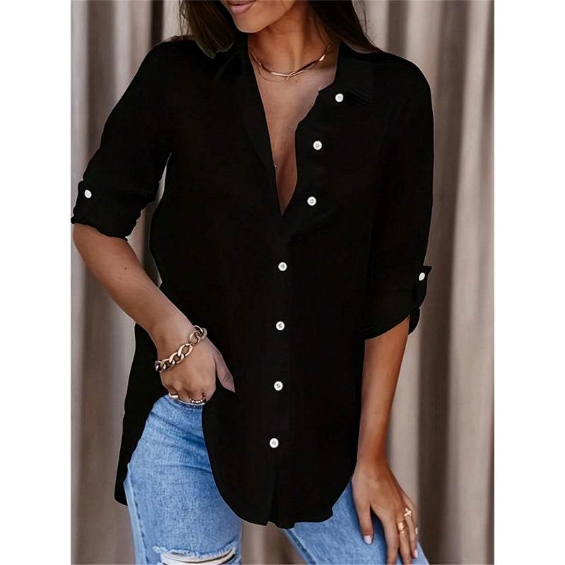 Women's Casual Long Sleeve Button-Down Shirt With Roll-Up Sleeves, Stylish Mid-Length Blouse For Everyday Wear - Velora