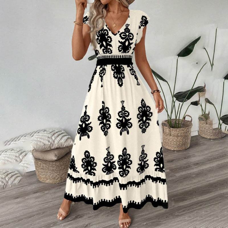 Women's Summer Flowy Maxi Dress Casual Cap Sleeve V Neck Smocked Waist Beach Sundress - Velora