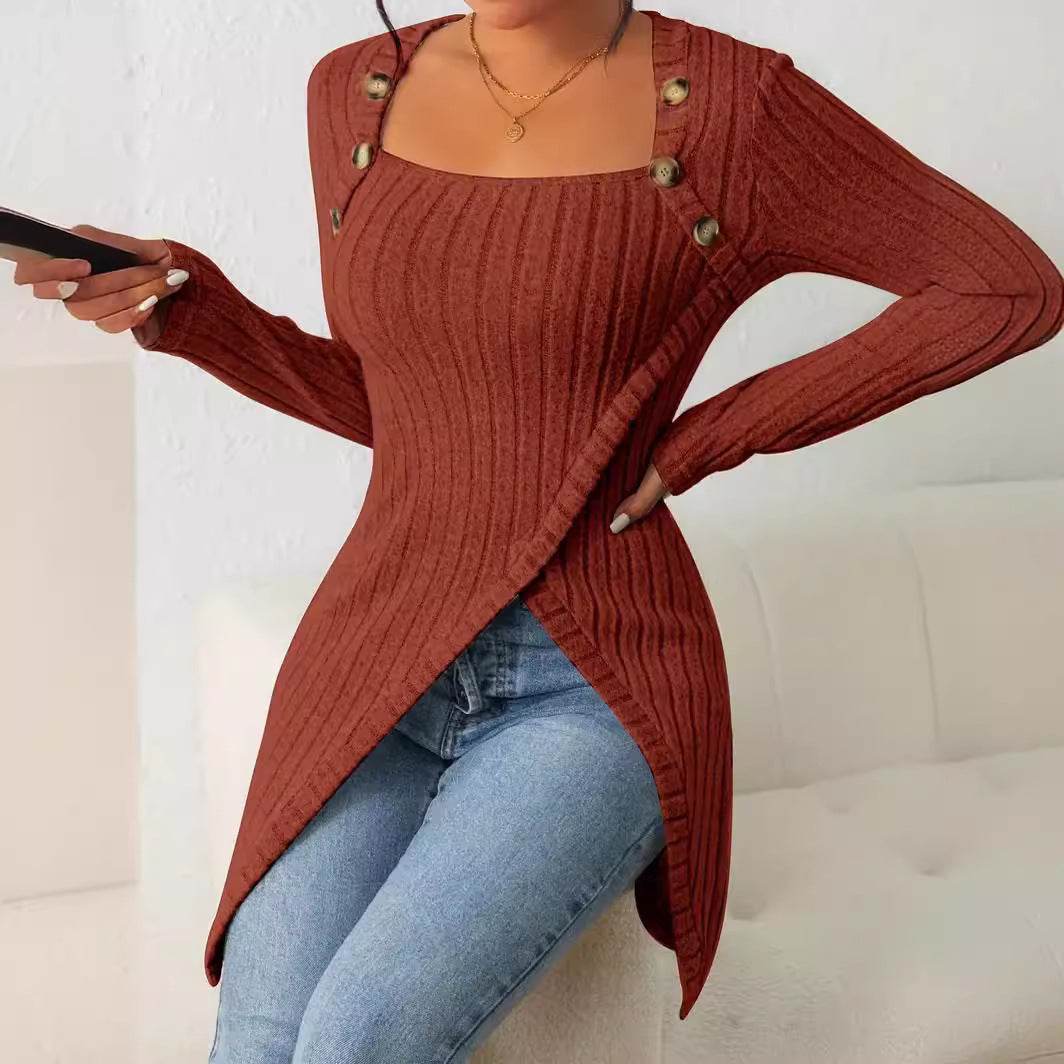 Square Collar Irregular Knitted Top With Button Design Fashion Solid Long-sleeved Long Top For Women Clothing - Velora