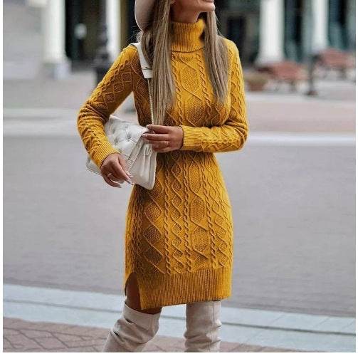 Fashion Turtleneck Knitted Dress With Slit Design Winter Warm Solid Color Pullover Long Sweater Women's Clothing - Velora