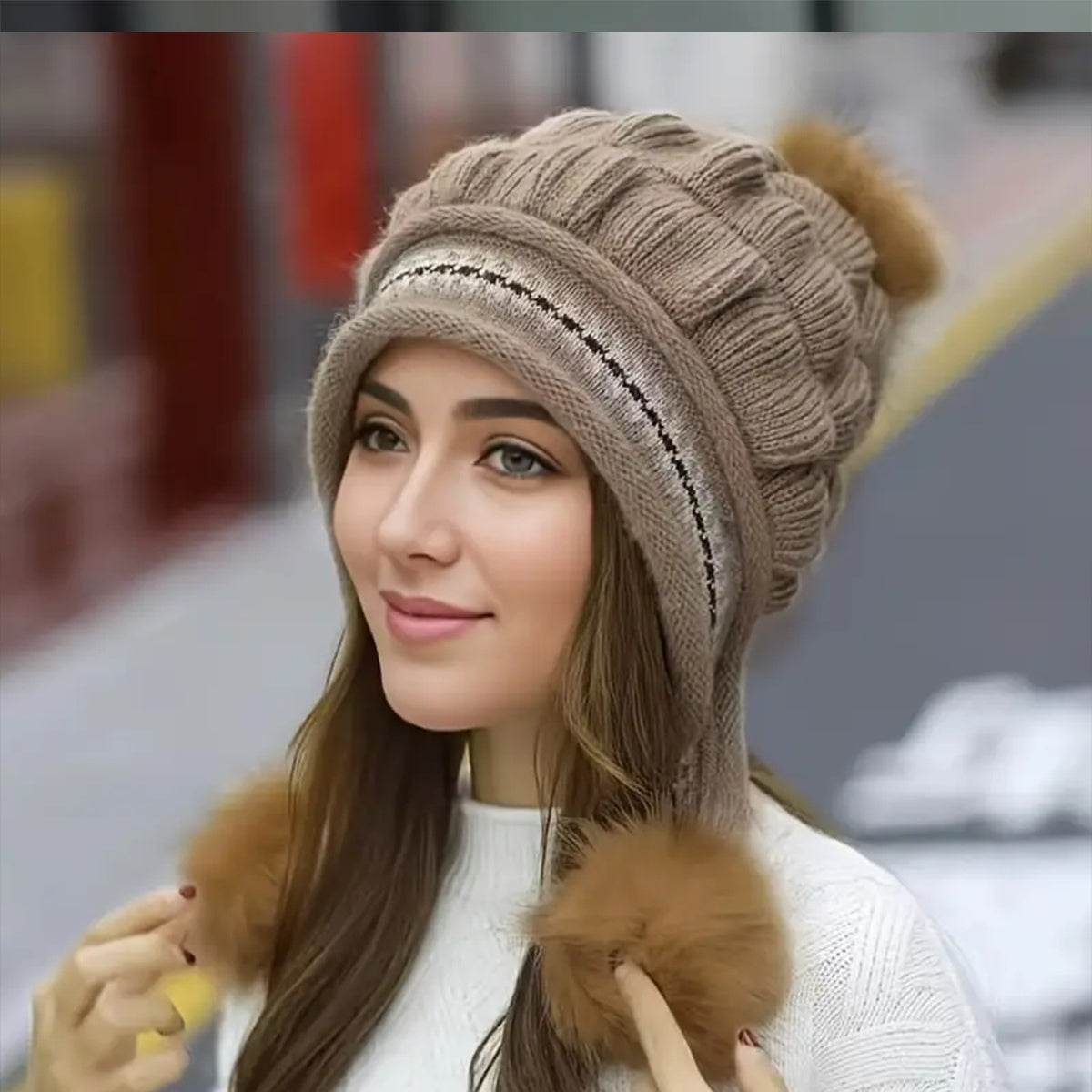 Cozy Knit Fleece-Feel Beanie With Ear Flaps & Pompom Warm Winter Hat For Women Perfect For Skiing & Outdoor Activities - Velora