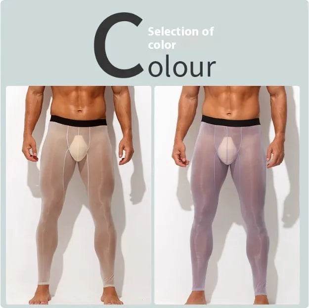 Men's Ultra thin Ice Silk Long John Skinny Flesh Nude Reflective Slim Leggings