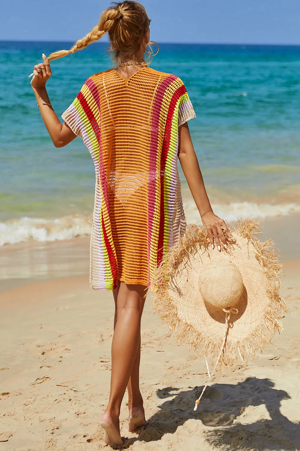 Angel Wings Openwork Striped Slit Knit Cover Up - Velora