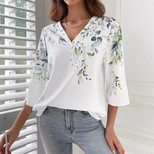 Women's 3D Printed V-neck Pullover T-shirt Casual Top - Velora