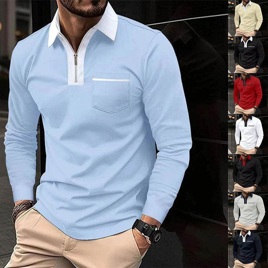 2024 Autumn Mens Long Sleeve Zipper Polo Shirts Casual Lapel Collar Zip Up Henley Shirts Cotton Sports Golf Tennis T-Shirts With Pockets - Velora