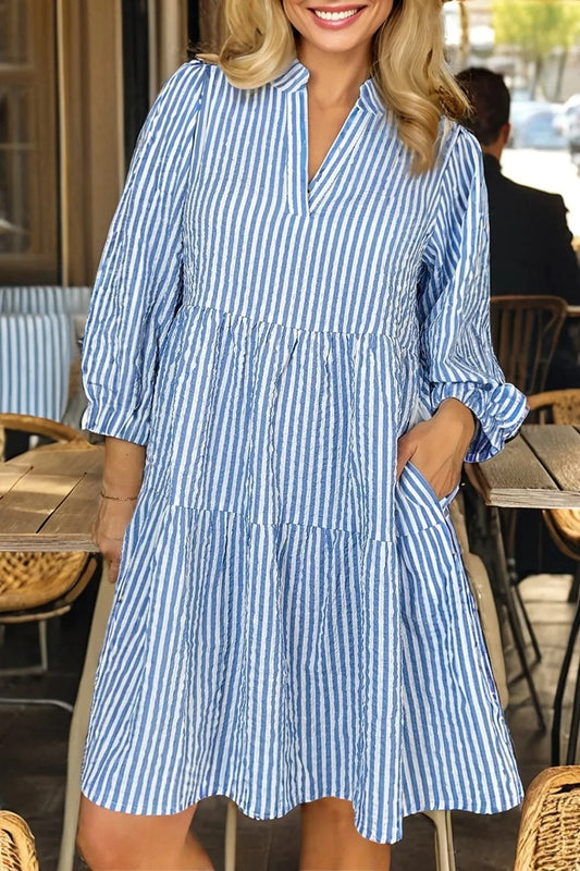 Stripe Tiered Shift Dress with Pockets - Velora