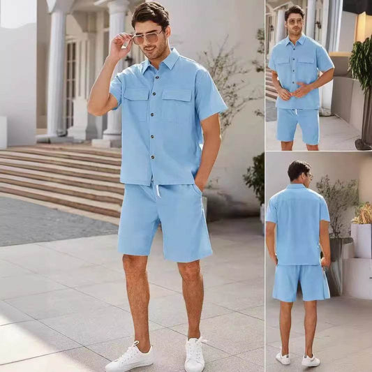 Summer Suits Men Short Sleeve Lapel Pockets Shirt And Drawstring Shorts Sports Fashion Leisure Men's Clothing - Velora