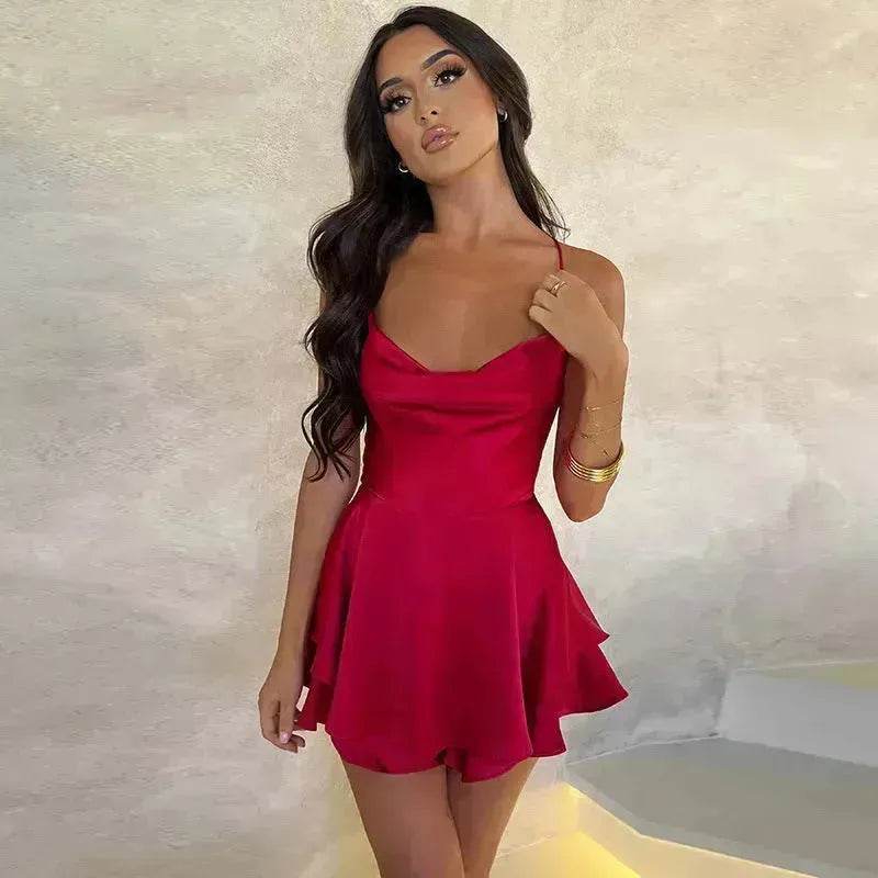 Elegant Chic Skirt Dress For Women Elegant Slim Strap Satin Backless Lace Up Ladies Party Mini Skater Dress - Velora